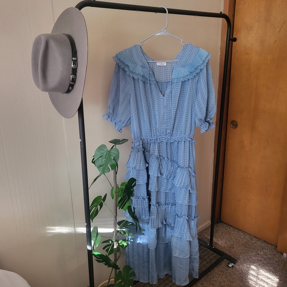 Current Air Light Blue Checkered Ruffle Maxi Dress L